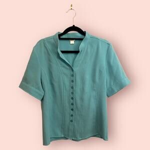 Vintage Christopher And Banks Teal Blue Button Down Short Sleeve Blouse Small